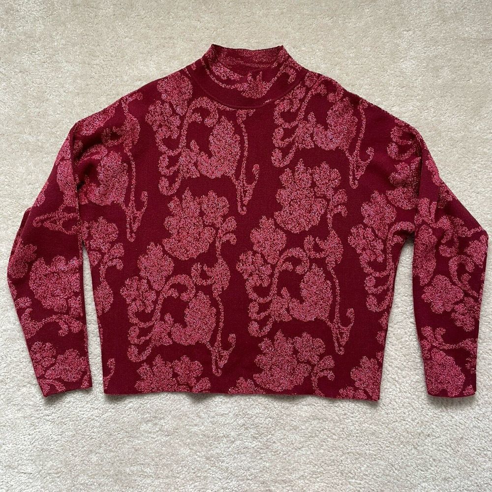 Sioni Women's Sweater Red Pullover Metallic Floral Mock Neck Size M NWT